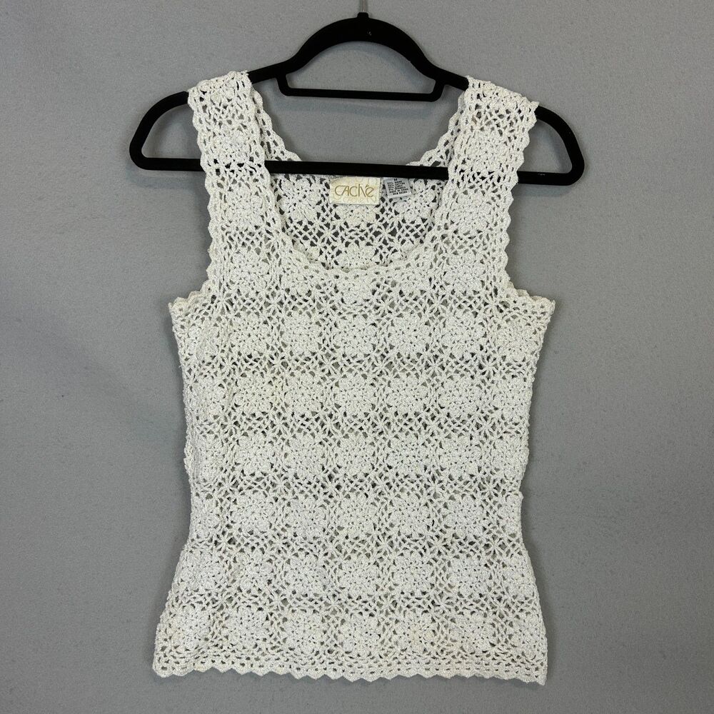 Cache Vintage White Crochet Knit Tank Top M Floral Open Weave Y2K Cottagecore